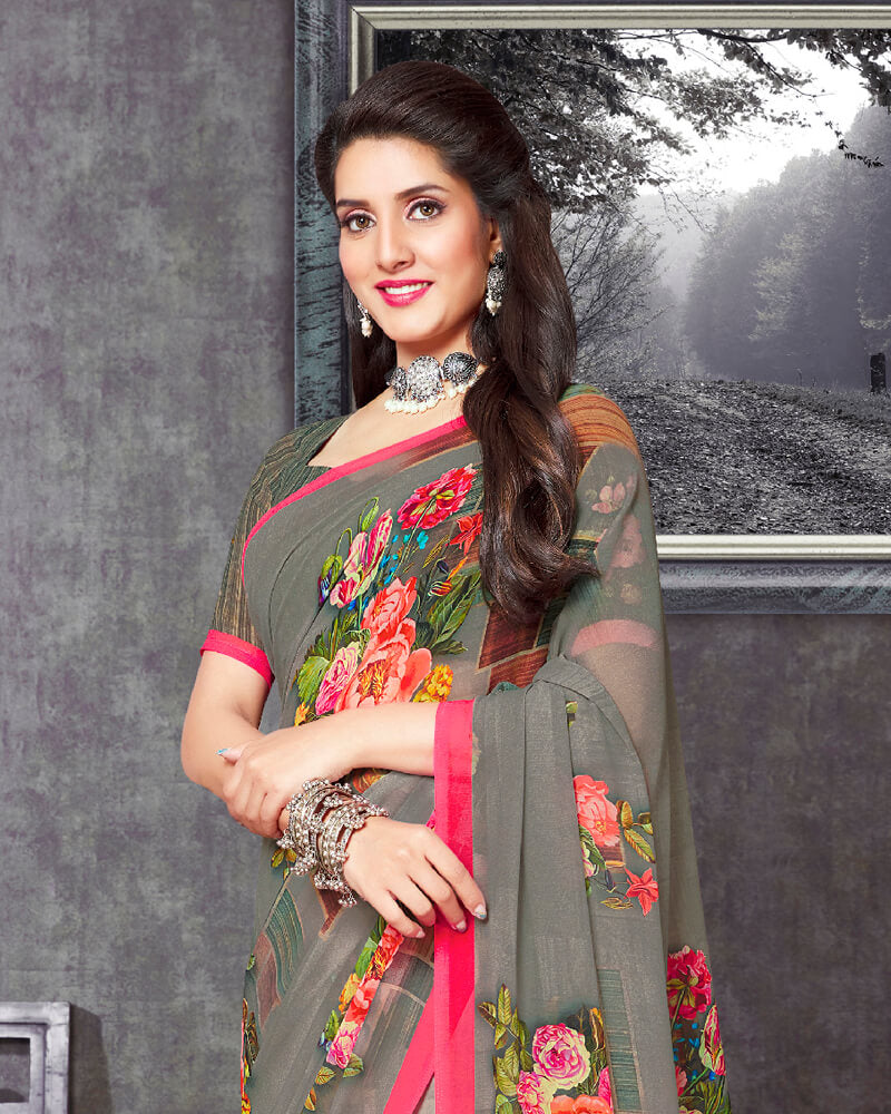 Vishal Prints Grey Digital Print Georgette Saree