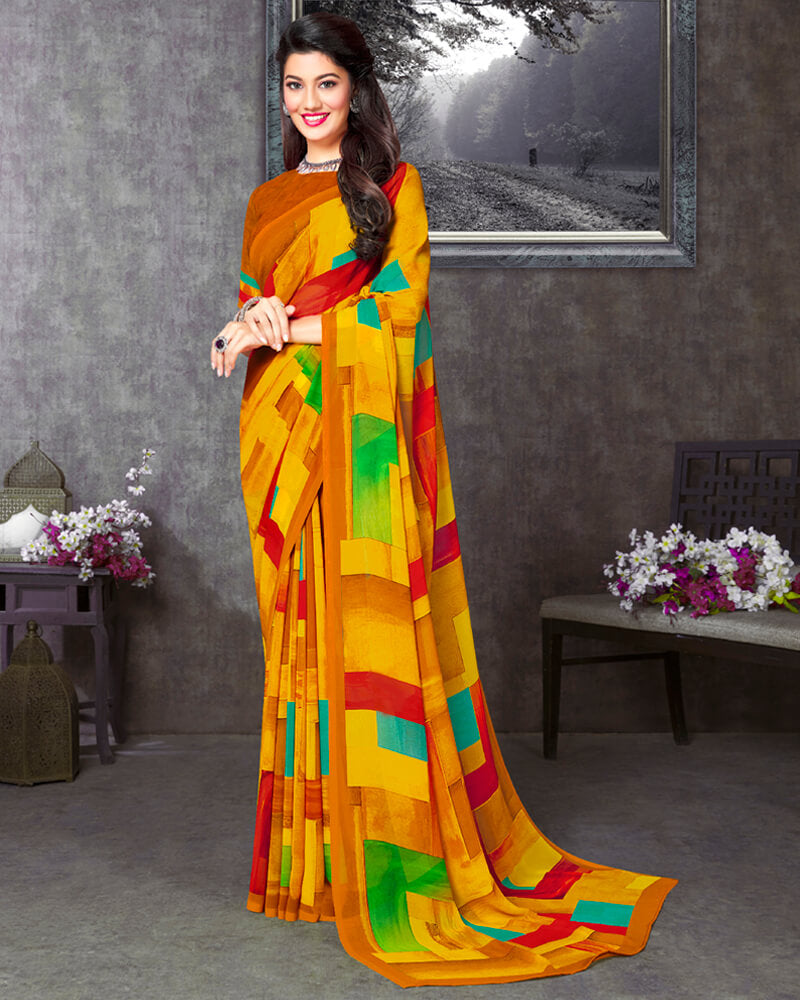 Vishal Prints Dark Yellow Digital Print Georgette Saree