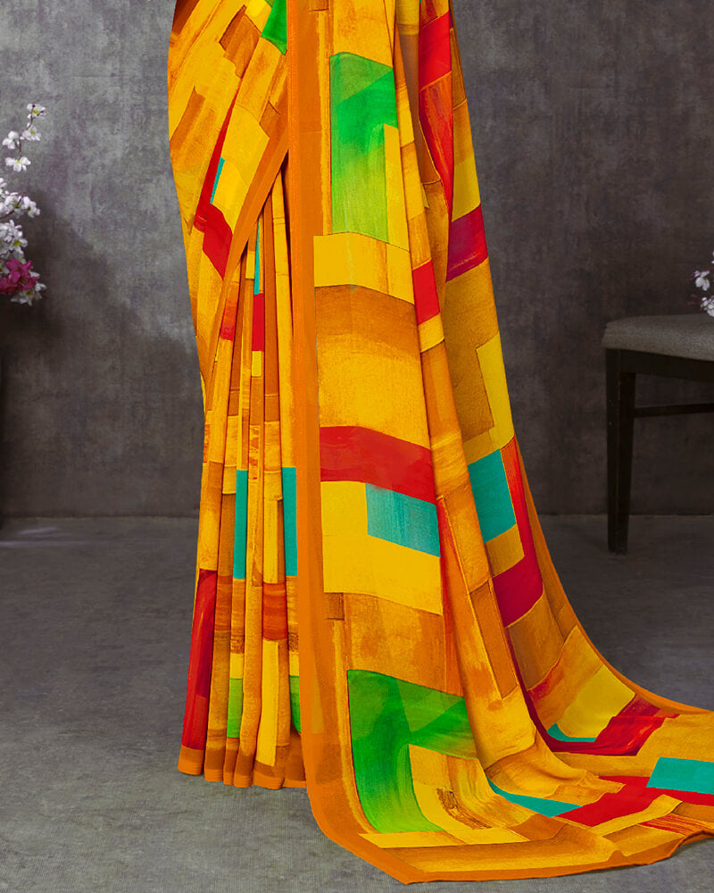 Vishal Prints Dark Yellow Digital Print Georgette Saree