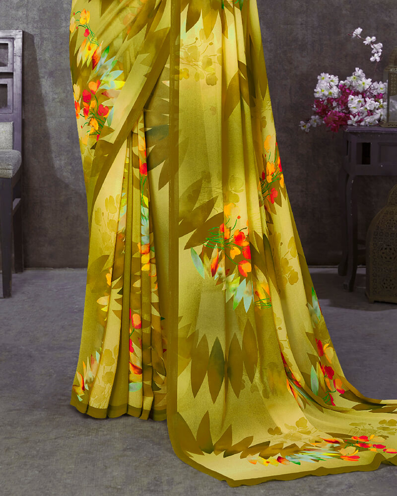 Vishal Prints Olive Yellow Digital Print Georgette Saree