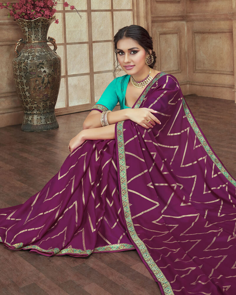 Vishal Prints Wine Chiffon Saree With Foil Print And Jari Border