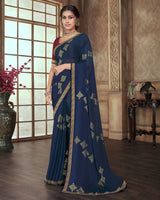 Vishal Prints Navy Blue Chiffon Saree With Foil Print And Jari Border