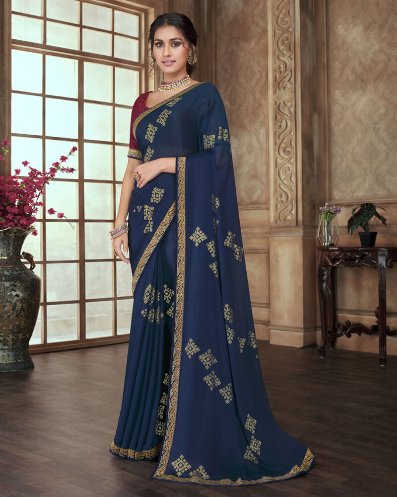 Vishal Prints Navy Blue Chiffon Saree With Foil Print And Jari Border
