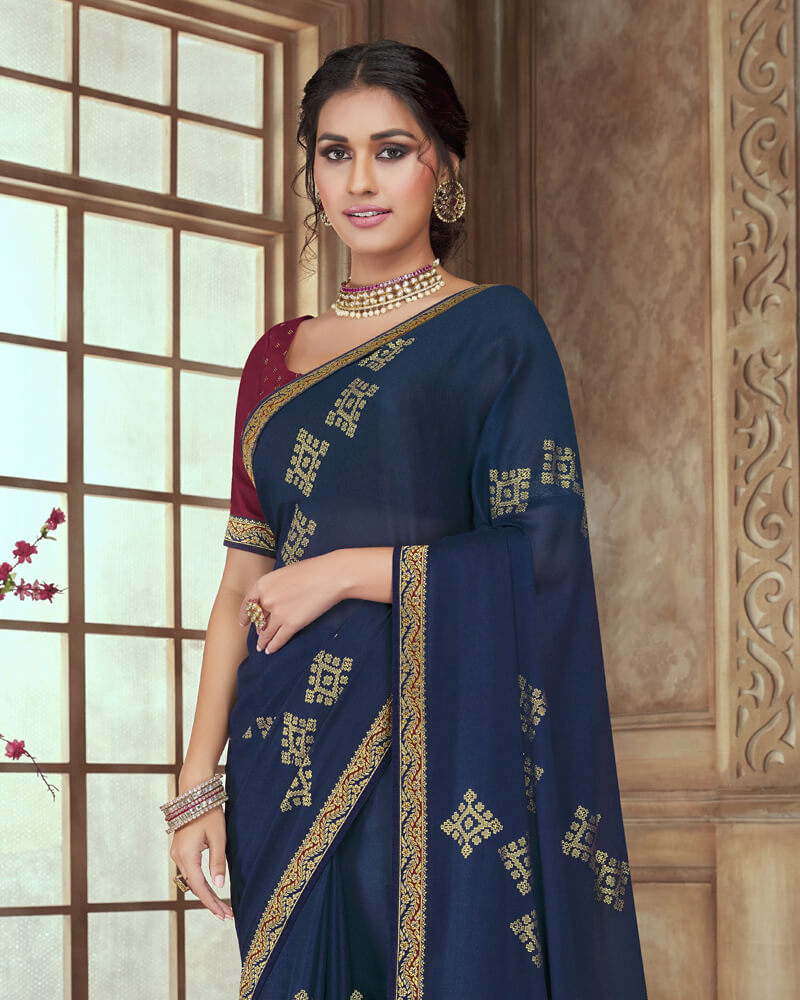 Vishal Prints Navy Blue Chiffon Saree With Foil Print And Jari Border