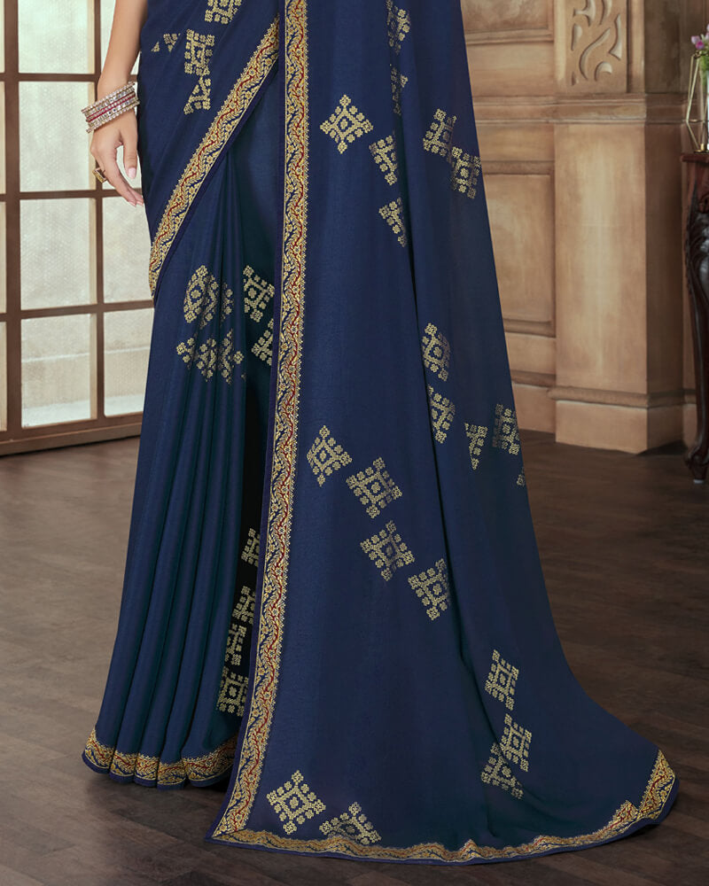 Vishal Prints Navy Blue Chiffon Saree With Foil Print And Jari Border