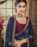 Vishal Prints Navy Blue Chiffon Saree With Foil Print And Jari Border