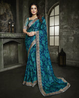 Vishal Prints Ink And Dark Turquoise Blue Chiffon Saree With Jari Border
