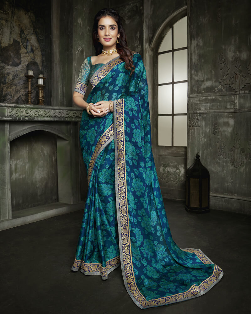 Vishal Prints Ink And Dark Turquoise Blue Chiffon Saree With Jari Border