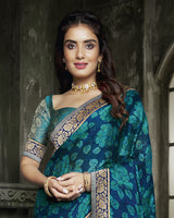 Vishal Prints Ink And Dark Turquoise Blue Chiffon Saree With Jari Border