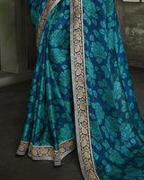Vishal Prints Ink And Dark Turquoise Blue Chiffon Saree With Jari Border