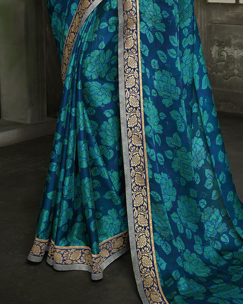 Vishal Prints Ink And Dark Turquoise Blue Chiffon Saree With Jari Border