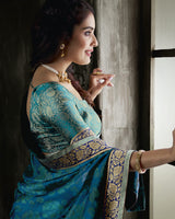 Vishal Prints Ink And Dark Turquoise Blue Chiffon Saree With Jari Border