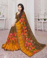 Vishal Prints Dark Mustard Printed Georgette Saree With Satin Border