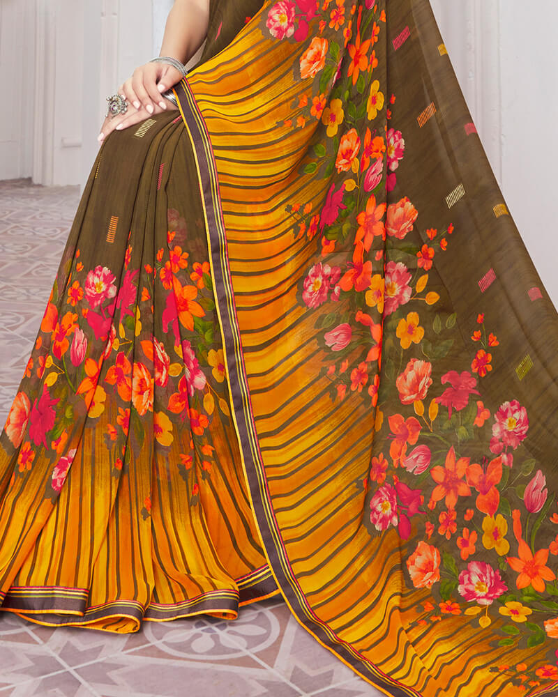 Vishal Prints Dark Mustard Printed Georgette Saree With Satin Border
