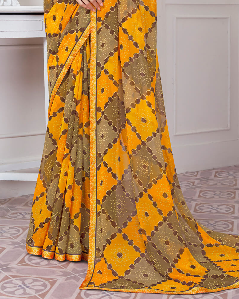 Vishal Prints Dark Yellow Printed Georgette Saree With Satin Border
