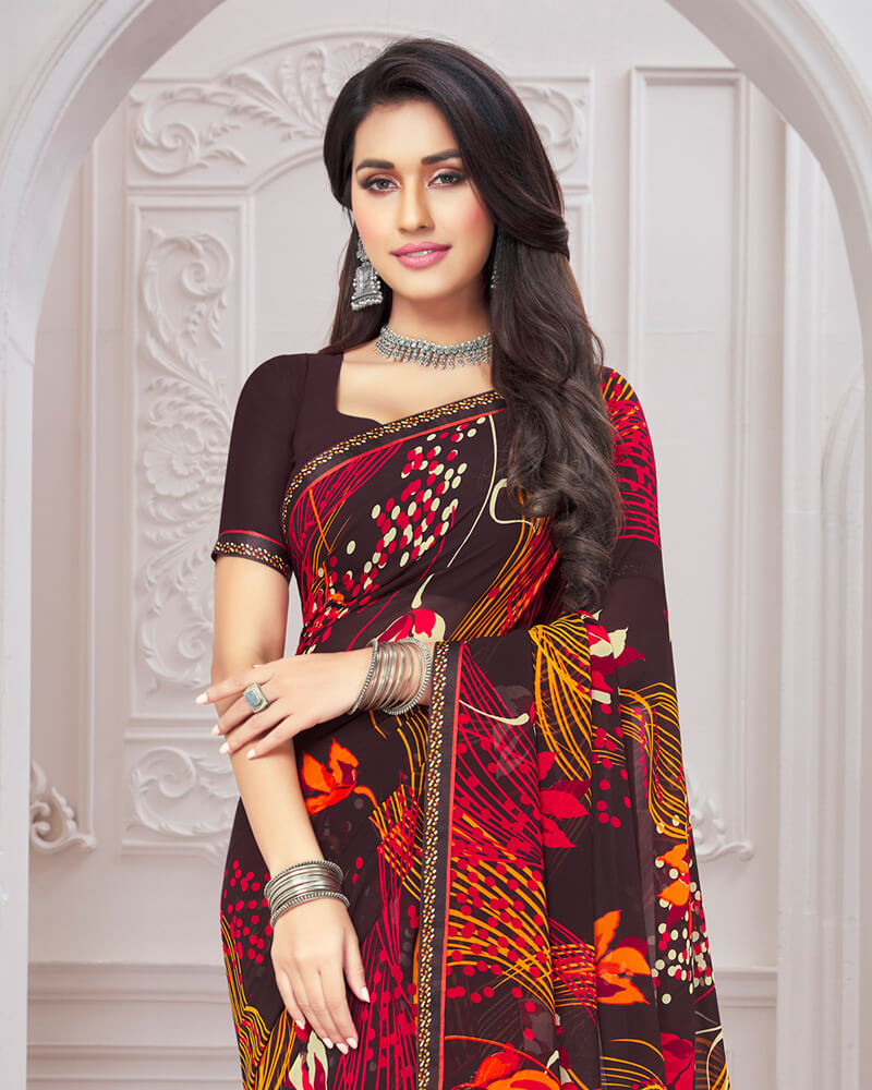 Vishal Prints Wine Printed Georgette Saree With Satin Border