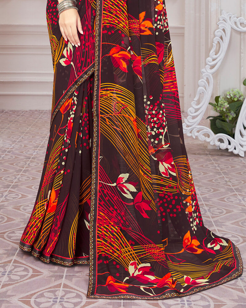 Vishal Prints Wine Printed Georgette Saree With Satin Border
