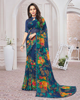 Vishal Prints Ink Blue Printed Georgette Saree With Satin Border