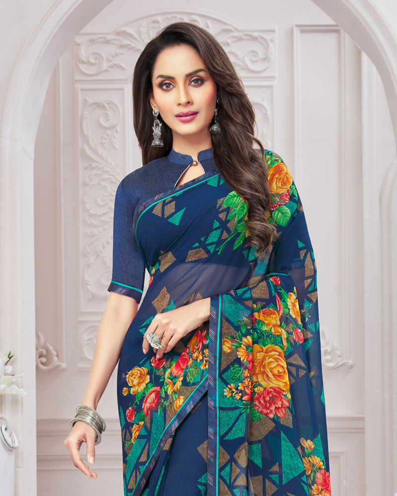 Vishal Prints Ink Blue Printed Georgette Saree With Satin Border