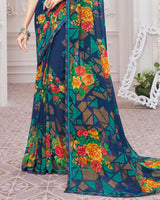 Vishal Prints Ink Blue Printed Georgette Saree With Satin Border