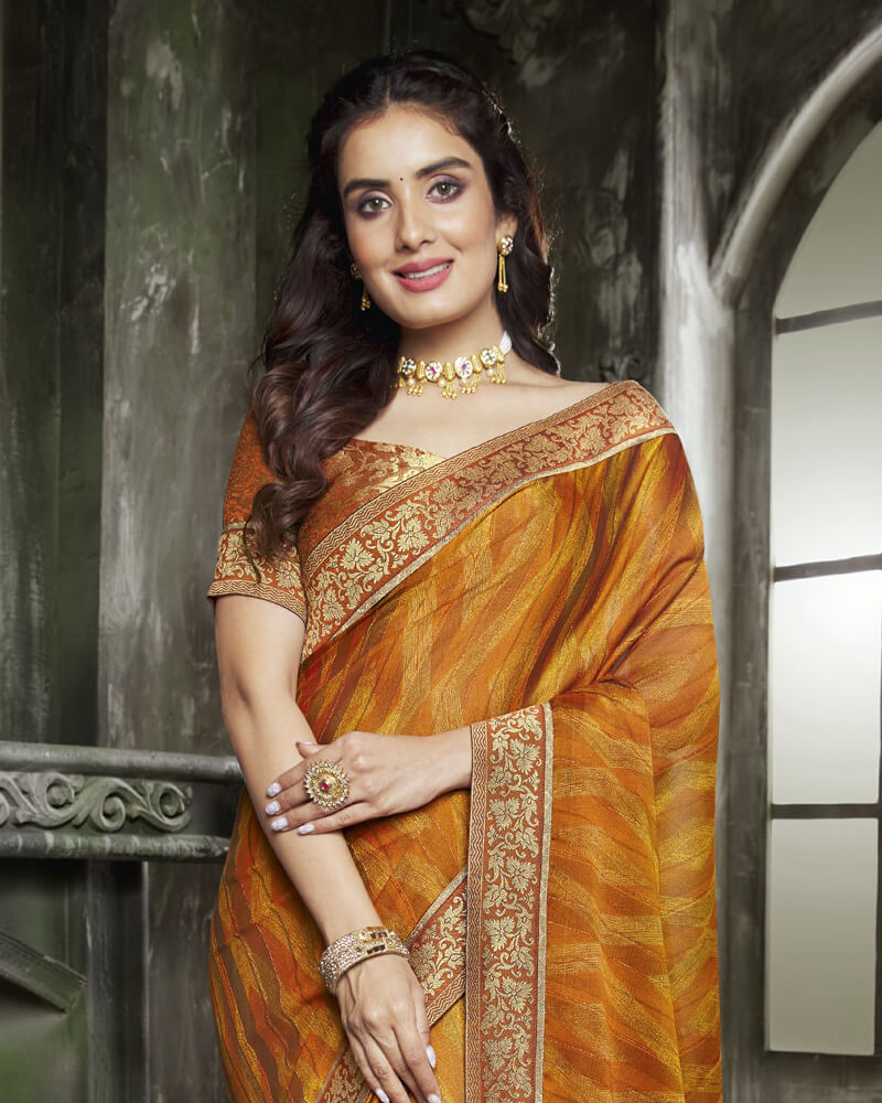 Vishal Prints Orange And Mustard Chiffon Saree With Jari Border