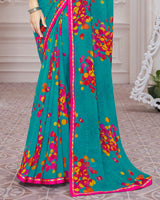 Vishal Prints Teal Blue Printed Georgette Saree With Satin Border