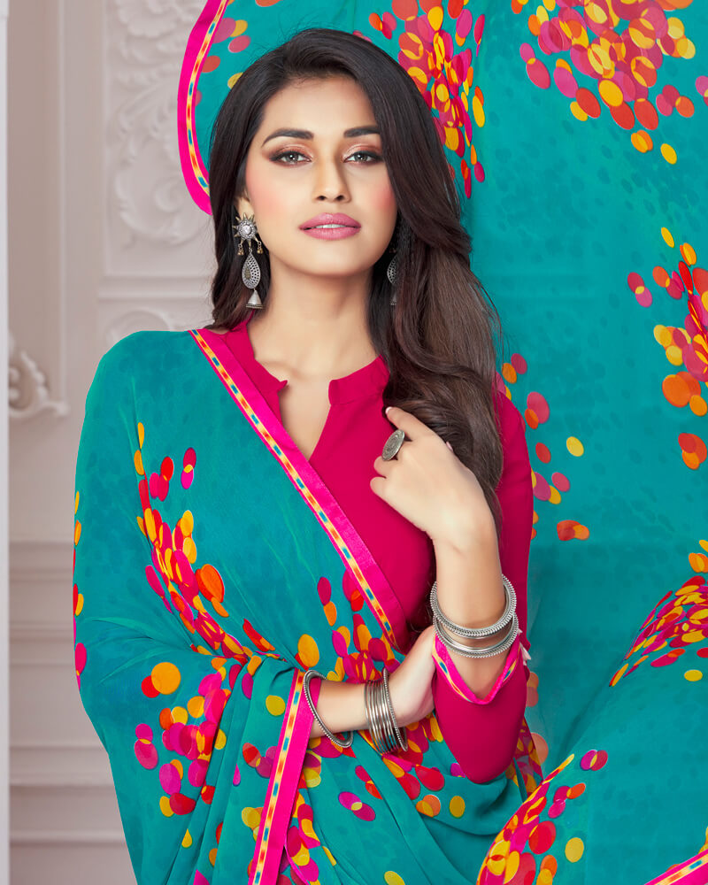 Vishal Prints Teal Blue Printed Georgette Saree With Satin Border