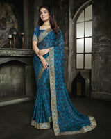 Vishal Prints Ink Blue And Dark Red Chiffon Saree With Jari Border