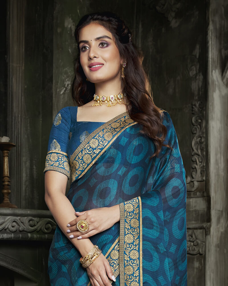 Vishal Prints Ink Blue And Dark Red Chiffon Saree With Jari Border