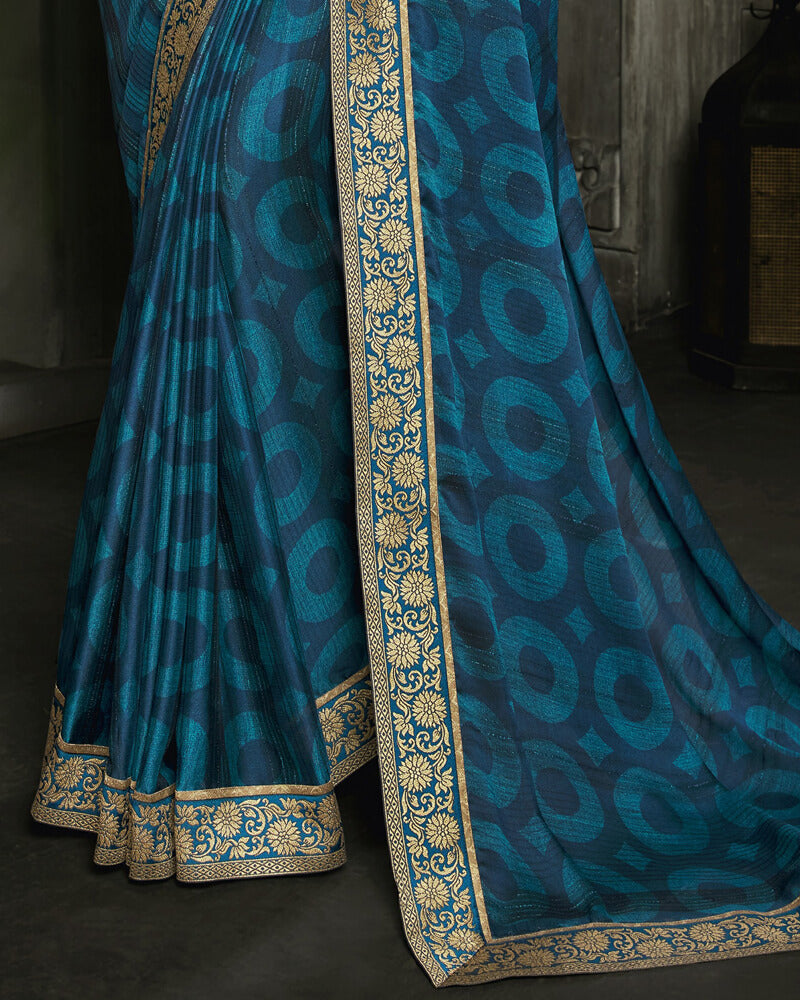 Vishal Prints Ink Blue And Dark Red Chiffon Saree With Jari Border