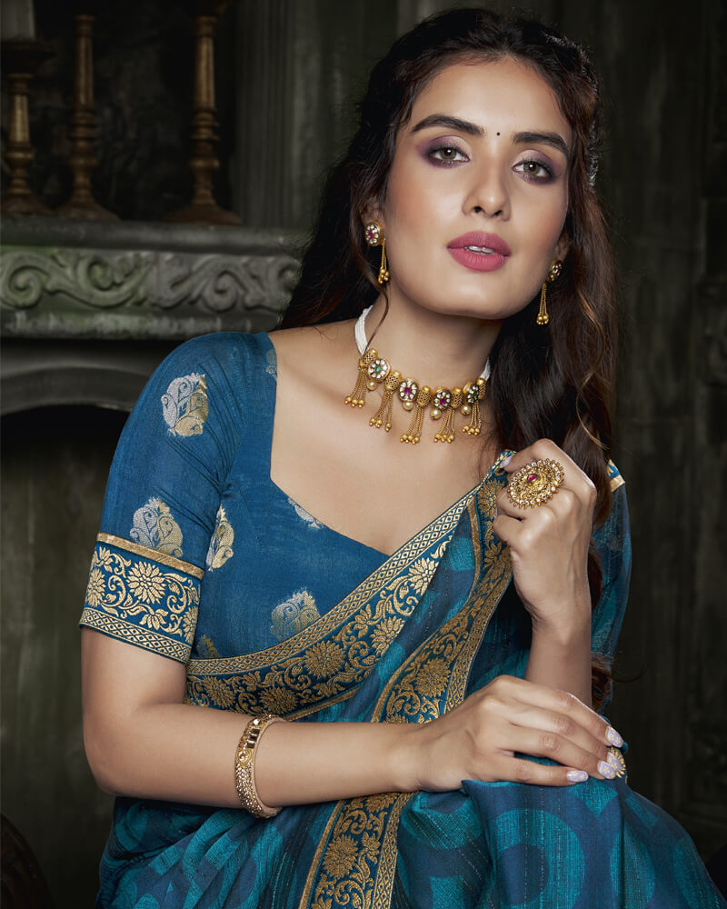 Vishal Prints Ink Blue And Dark Red Chiffon Saree With Jari Border