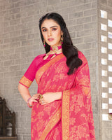 Vishal Prints Red Pink Brasso Saree With Foil Print And Jari Border
