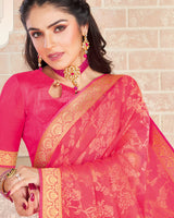 Vishal Prints Red Pink Brasso Saree With Foil Print And Jari Border