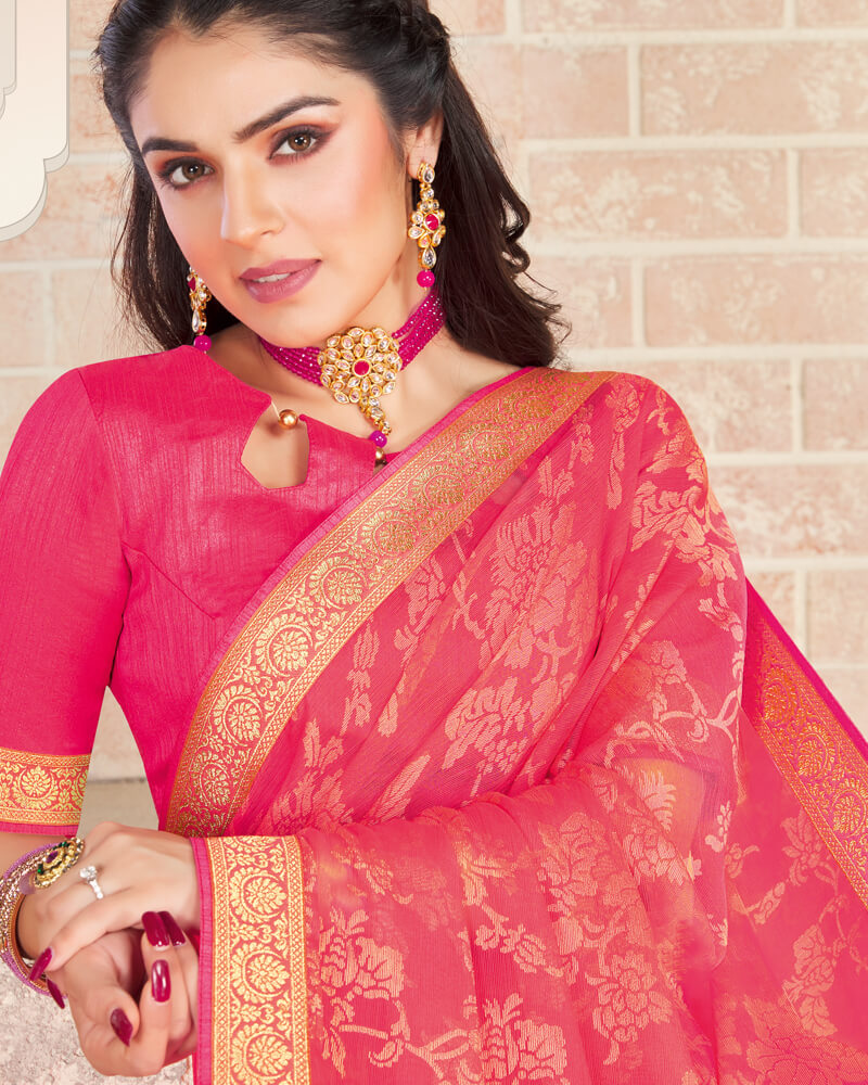 Vishal Prints Red Pink Brasso Saree With Foil Print And Jari Border