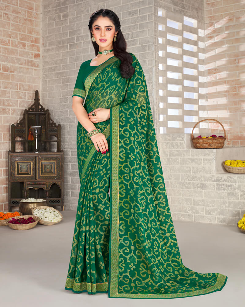 Vishal Prints Green Brasso Saree With Foil Print And Jari Border