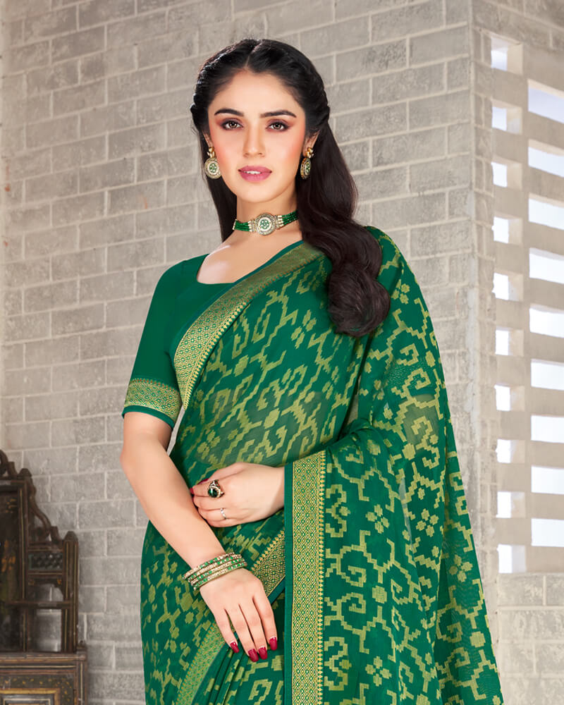 Vishal Prints Green Brasso Saree With Foil Print And Jari Border