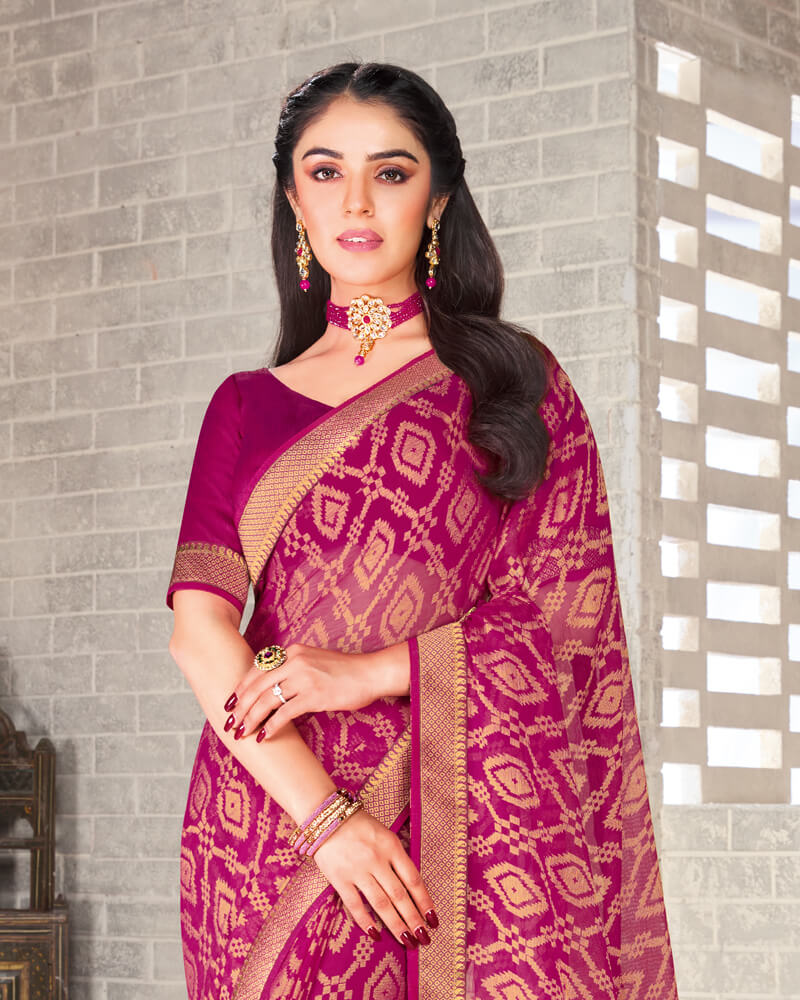 Vishal Prints Dark Fuchsia Brasso Saree With Foil Print And Jari Border