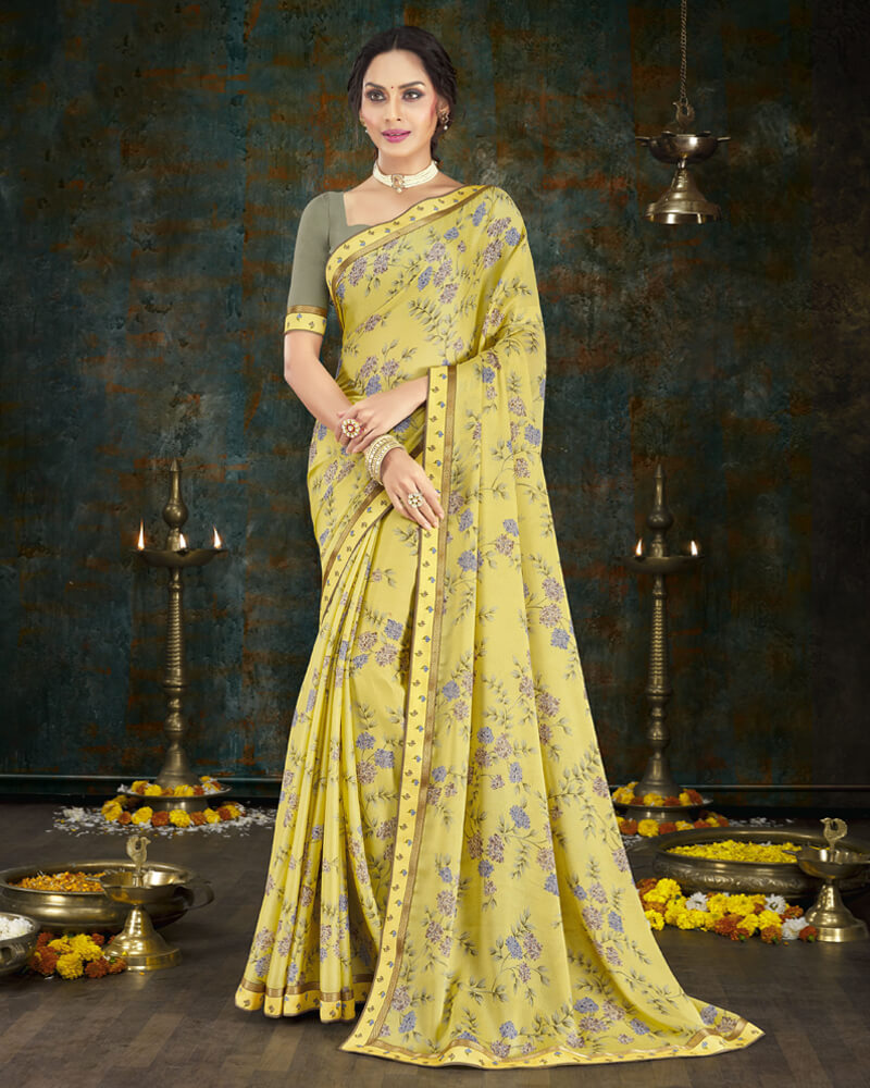 Vishal Prints Pastel Yellow Digital Print Crepe Saree With Border