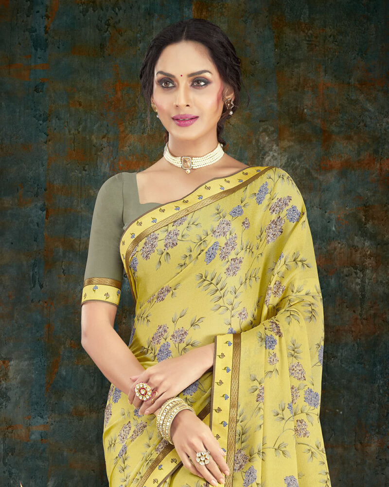Vishal Prints Pastel Yellow Digital Print Crepe Saree With Border