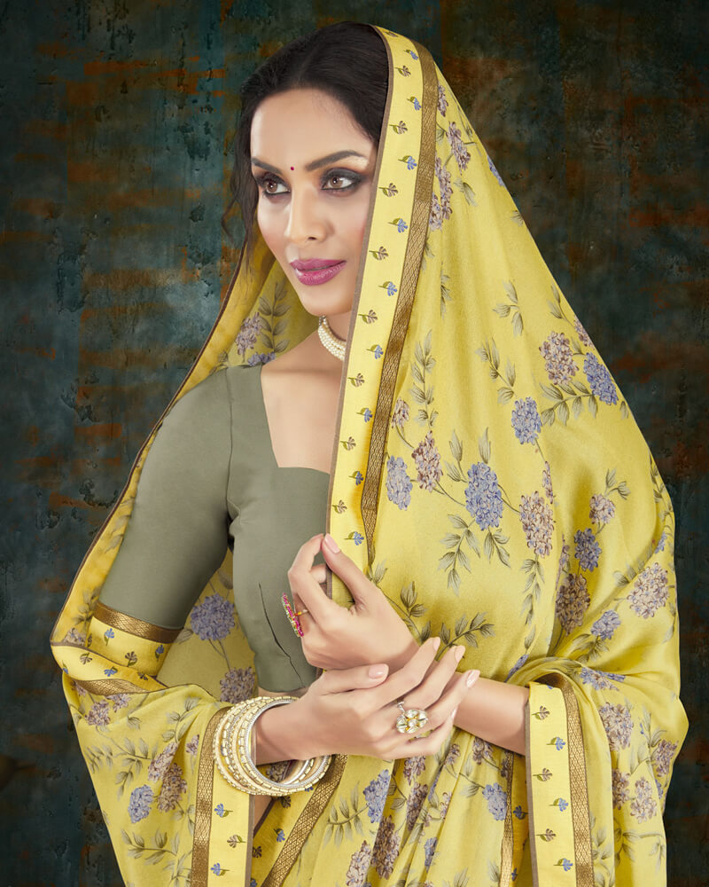 Vishal Prints Pastel Yellow Digital Print Crepe Saree With Border
