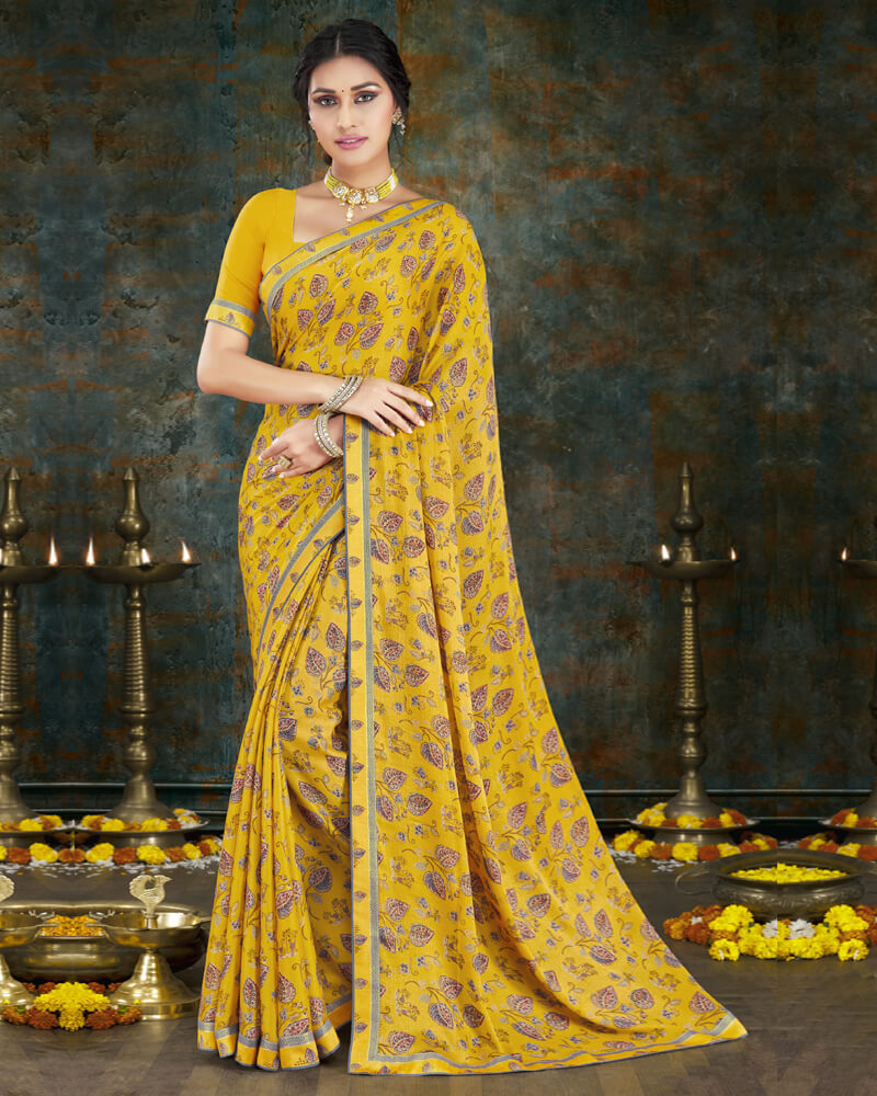 Vishal Prints Golden Yellow Digital Print Crepe Saree With Border