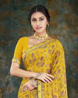 Vishal Prints Golden Yellow Digital Print Crepe Saree With Border