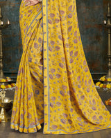 Vishal Prints Golden Yellow Digital Print Crepe Saree With Border