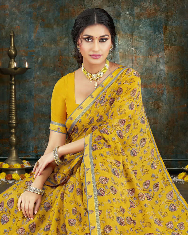 Vishal Prints Golden Yellow Digital Print Crepe Saree With Border