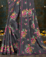 Vishal Prints Charcoal Grey Digital Print Crepe Saree With Border