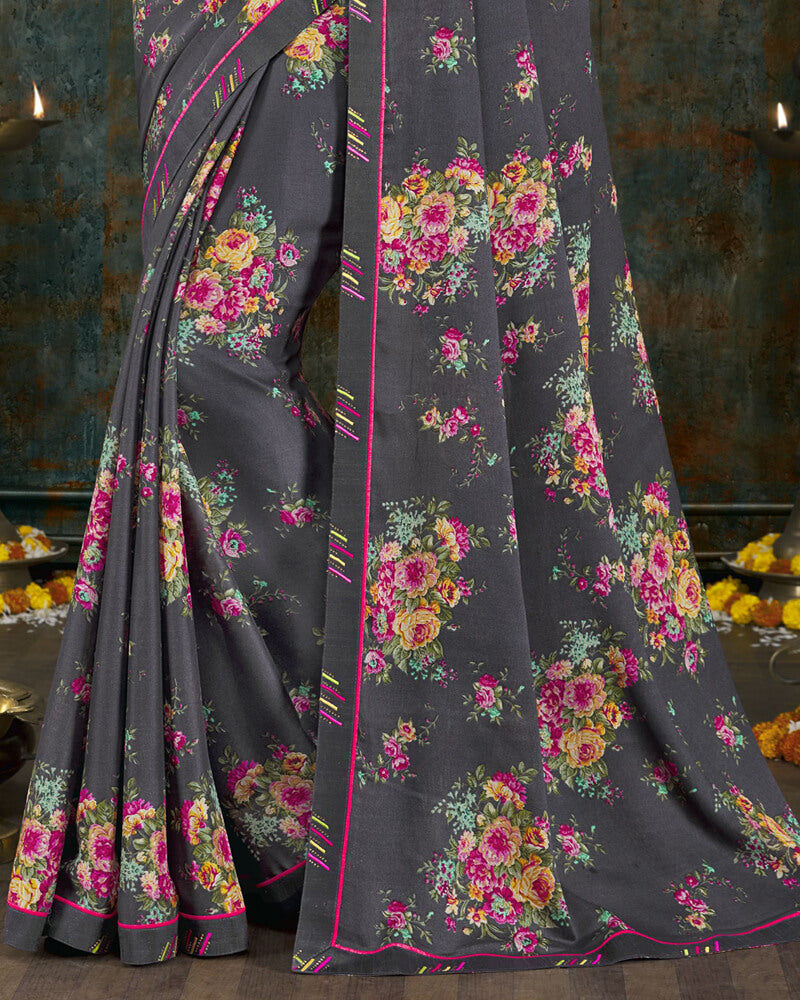 Vishal Prints Charcoal Grey Digital Print Crepe Saree With Border