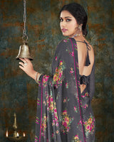 Vishal Prints Charcoal Grey Digital Print Crepe Saree With Border