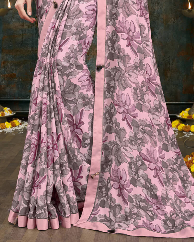 Vishal Prints Baby Pink Digital Print Crepe Saree With Border