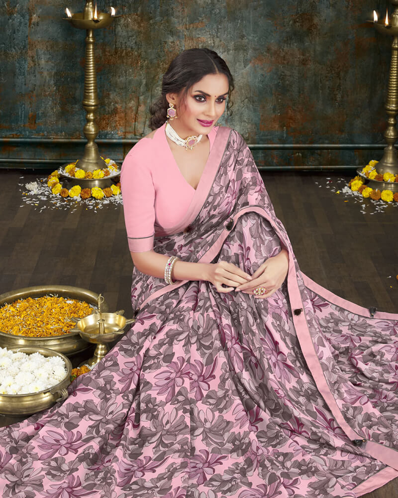 Vishal Prints Baby Pink Digital Print Crepe Saree With Border
