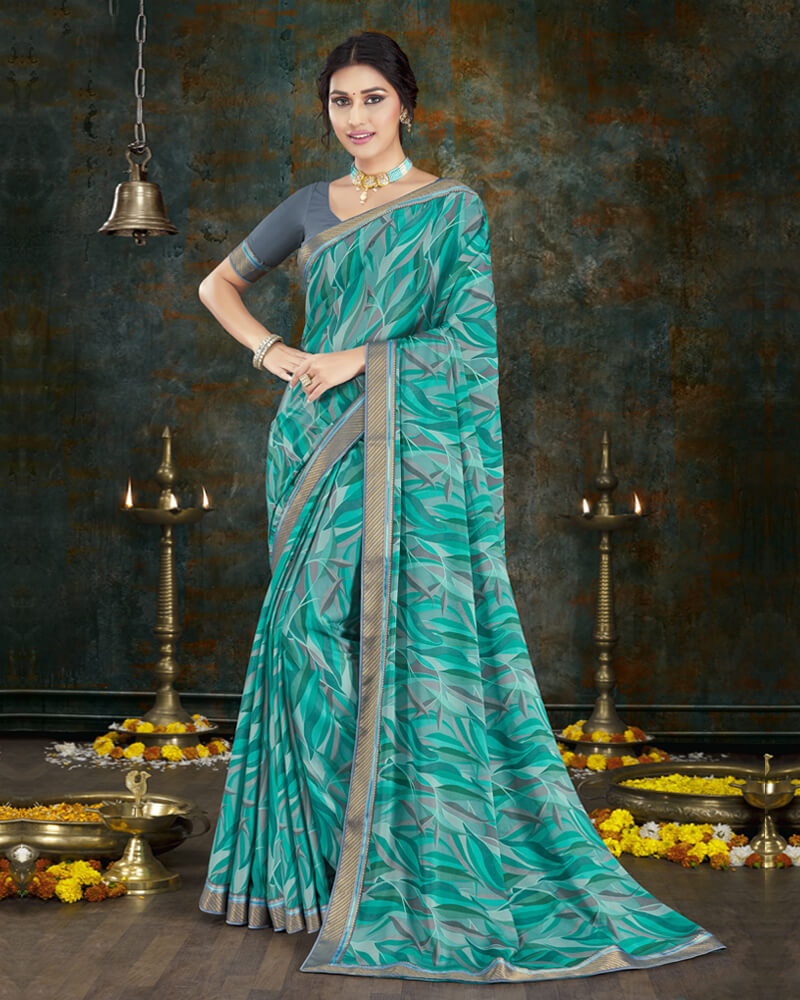 Vishal Prints Teal Blue Digital Print Crepe Saree With Border